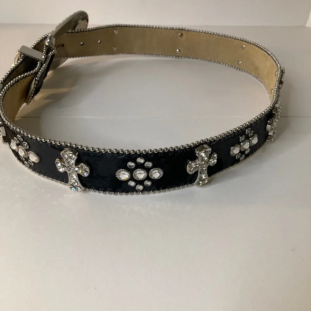 Vintage 1849 Authentic Ranchwear Rhinestone Cross Calfhair Belt 34-L Black 1.5